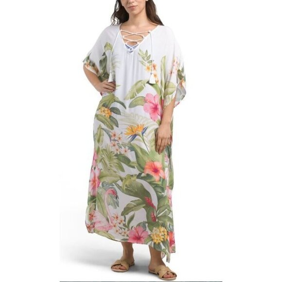 Tommy Bahama Womens White Paradise Bird Lace Up Cover up Caftan Sz S/M New - Picture 6 of 9